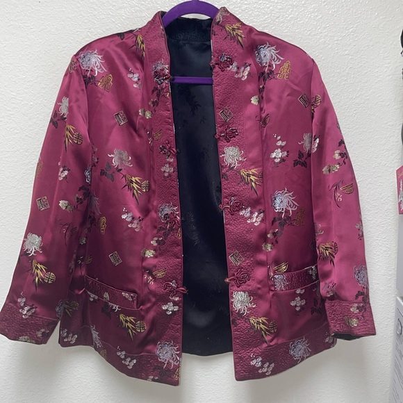 Peony Brand Reversible Kimono Rayon Floral Jacket Black Burgundy Size 40 Women’s - Picture 1 of 9
